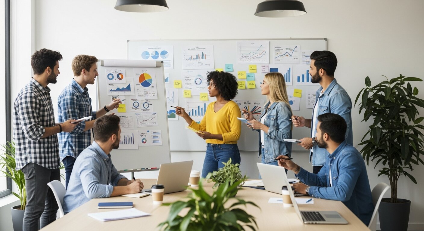 Team planning emotional marketing strategies with data insights