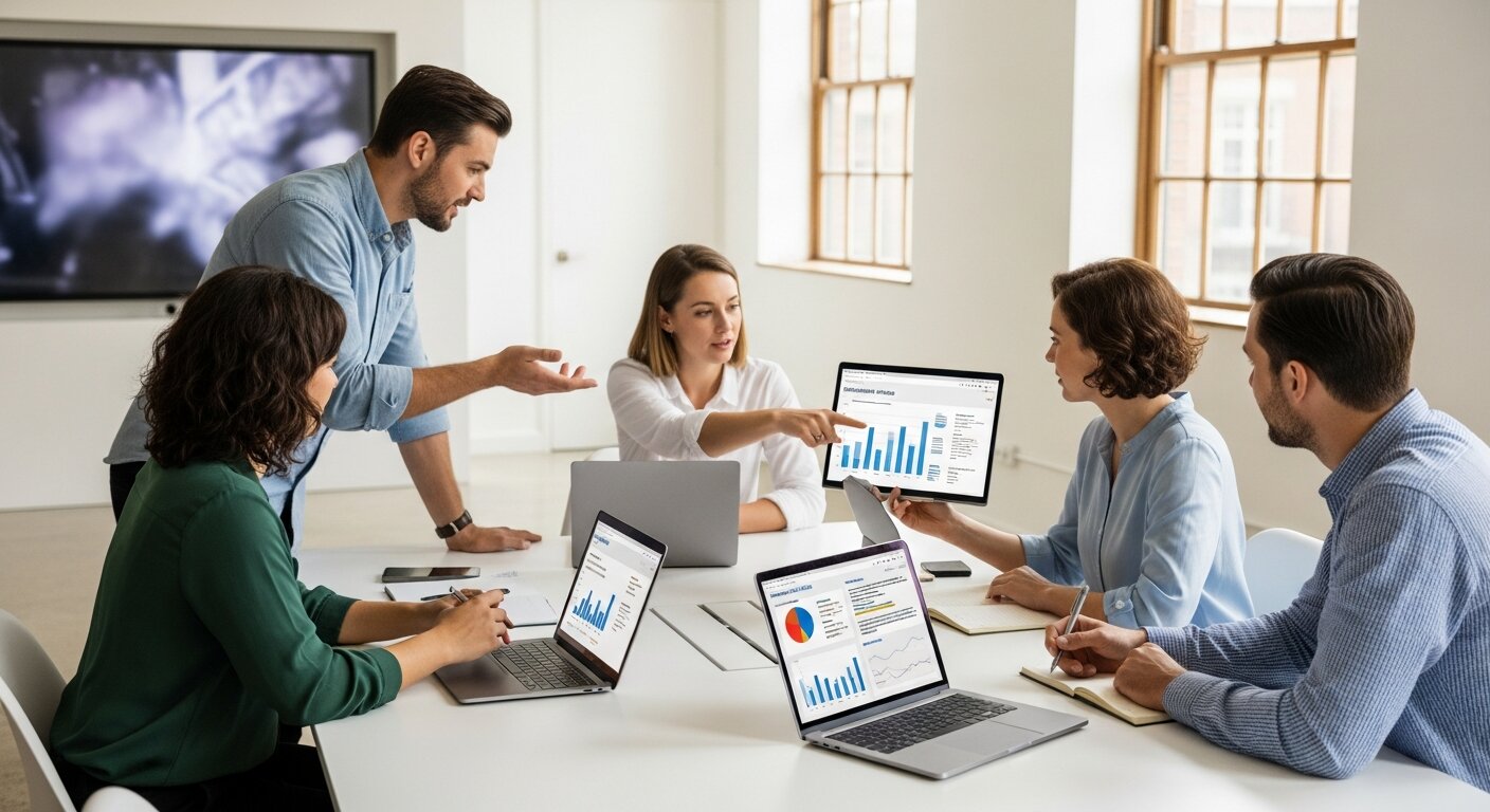 Team reviewing customer emotions and feedback data