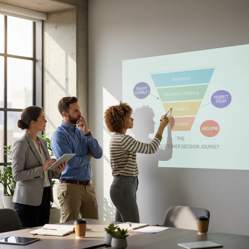 A clean, modern infographic of the customer decision journey: a funnel or flowchart showing stages from Awareness → Information Gathering → Evaluation → Purchase, with visually distinct callouts at each stage highlighting key behavioral economic concepts (e.g., bounded rationality at Information Gathering, prospect theory at Evaluation, anchoring at Purchase).