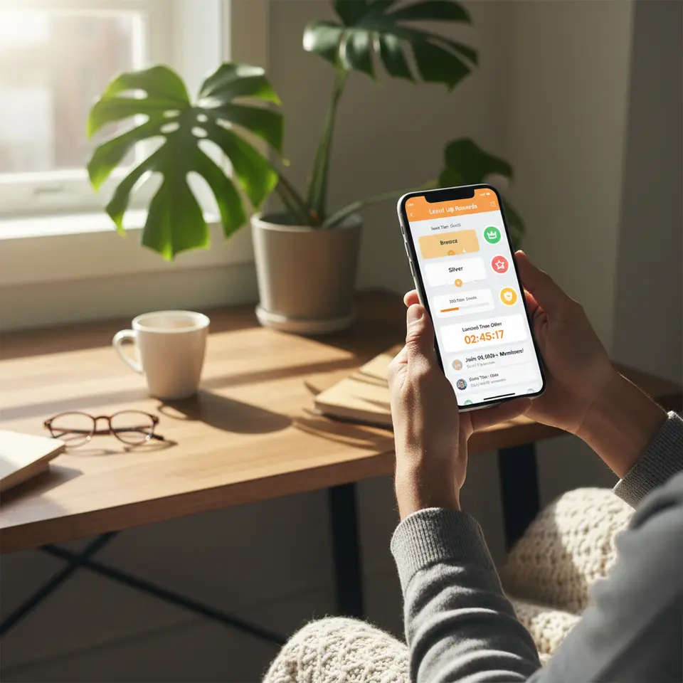 A sleek mobile app interface showcasing a gamified loyalty program: tiered reward levels with progress bars filling up toward the next tier, collectible digital badges, a limited-time offer countdown timer, and social proof elements (e.g., number of members on each tier), styled in bright, engaging colors.