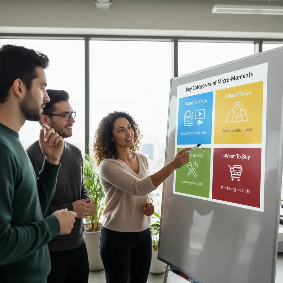 Key Categories of Micro-Moments: a clean four-quadrant infographic on a neutral background, each quadrant brightly color-coded and labeled ‘I-Want-To-Know’ (magnifying glass over a book or video icon), ‘I-Want-To-Go’ (map with a location pin), ‘I-Want-To-Do’ (tools or checklist icon), and ‘I-Want-To-Buy’ (shopping cart with credit card), with simple icons and concise captions beneath each.