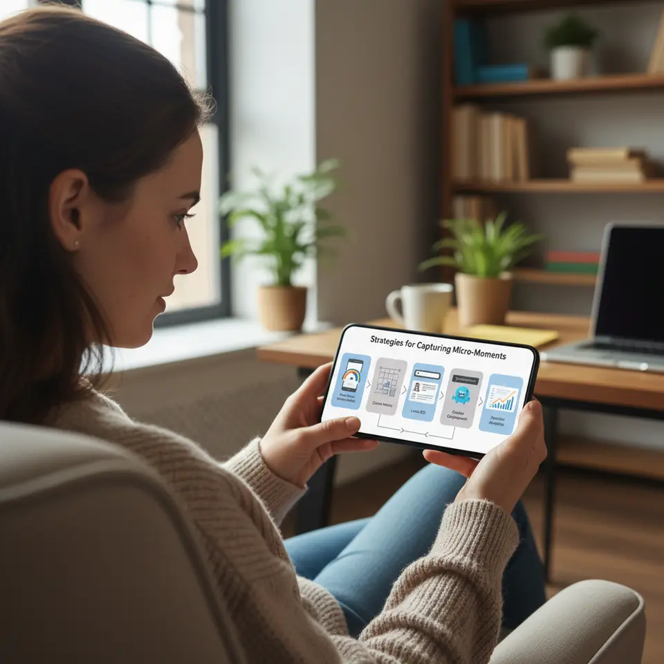Strategies for Capturing Micro-Moments: a visual roadmap displayed on a large smartphone screen, showing six linked panels or icons—1) a speedometer over a phone for mobile-first optimization, 2) a content matrix grid, 3) a map marker with a business listing for local SEO, 4) a search ad and social media ad banner, 5) a chatbot chat window with a robot icon, and 6) a predictive analytics dashboard with charts and forecast arrows—connected by arrows to illustrate a step-by-step journey.