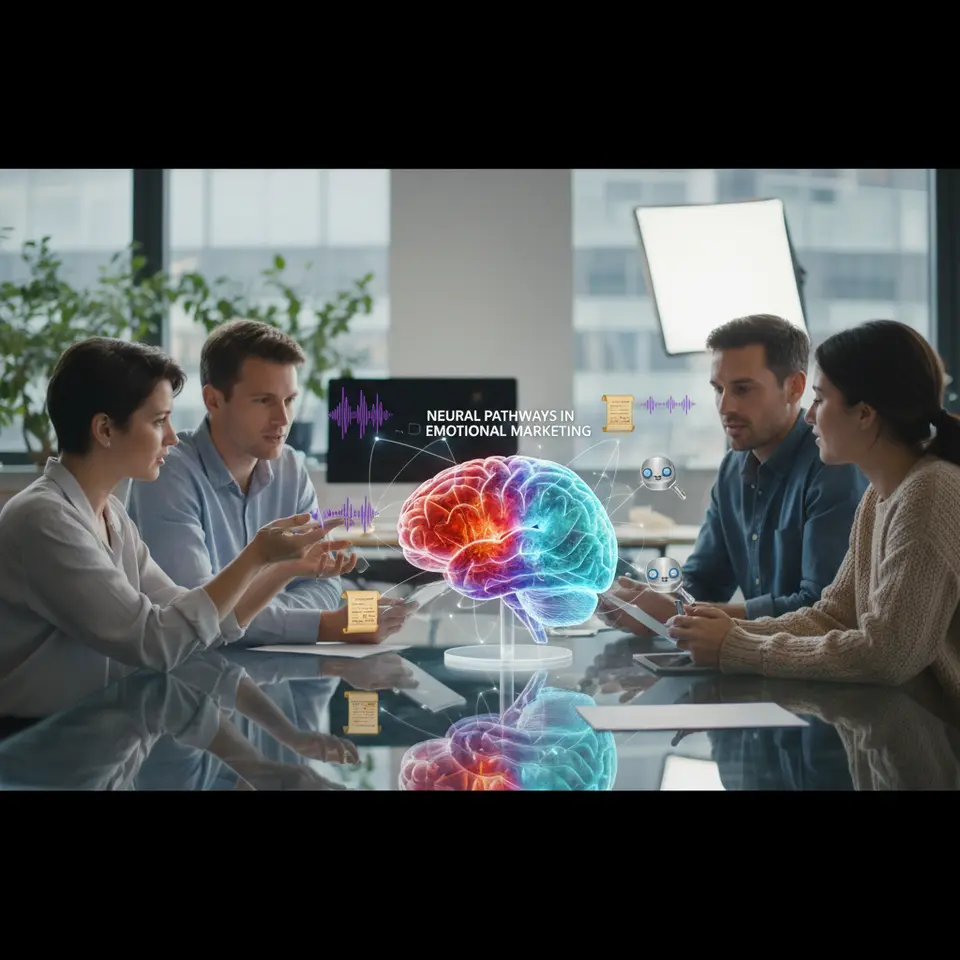 Neural Pathways in Emotional Marketing: A stylized human brain illustration highlighting the amygdala (for emotional processing) and nucleus accumbens (reward center), overlaid with visual cues like color gradients, soundwave icons, storytelling scrolls, and fMRI/EEG probes to show how sensory elements light up specific neural circuits.