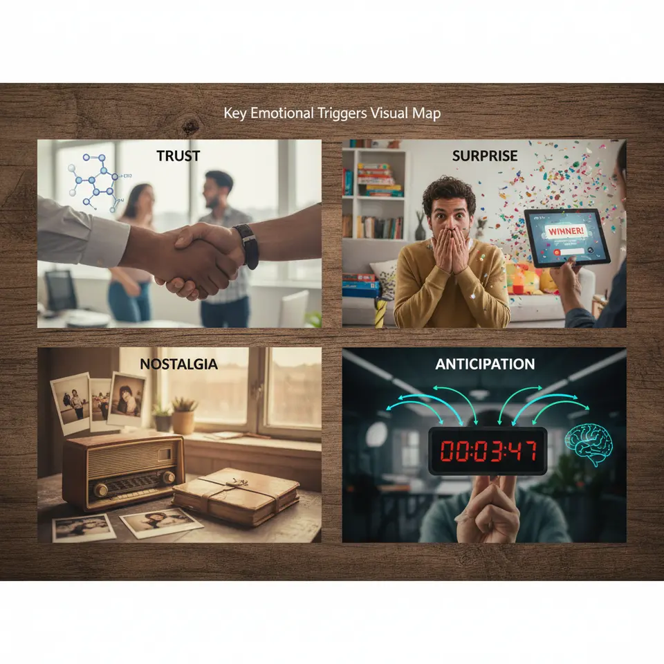 Key Emotional Triggers Visual Map: A four-part infographic featuring distinct scenes—trust (handshake beside an oxytocin molecule), surprise (bursting confetti and a gamified pop-up), nostalgia (vintage radio, polaroid photos, and warm sepia tones), and anticipation (a ticking countdown timer with dopamine pathway arrows)—to represent each trigger’s unique brain response.