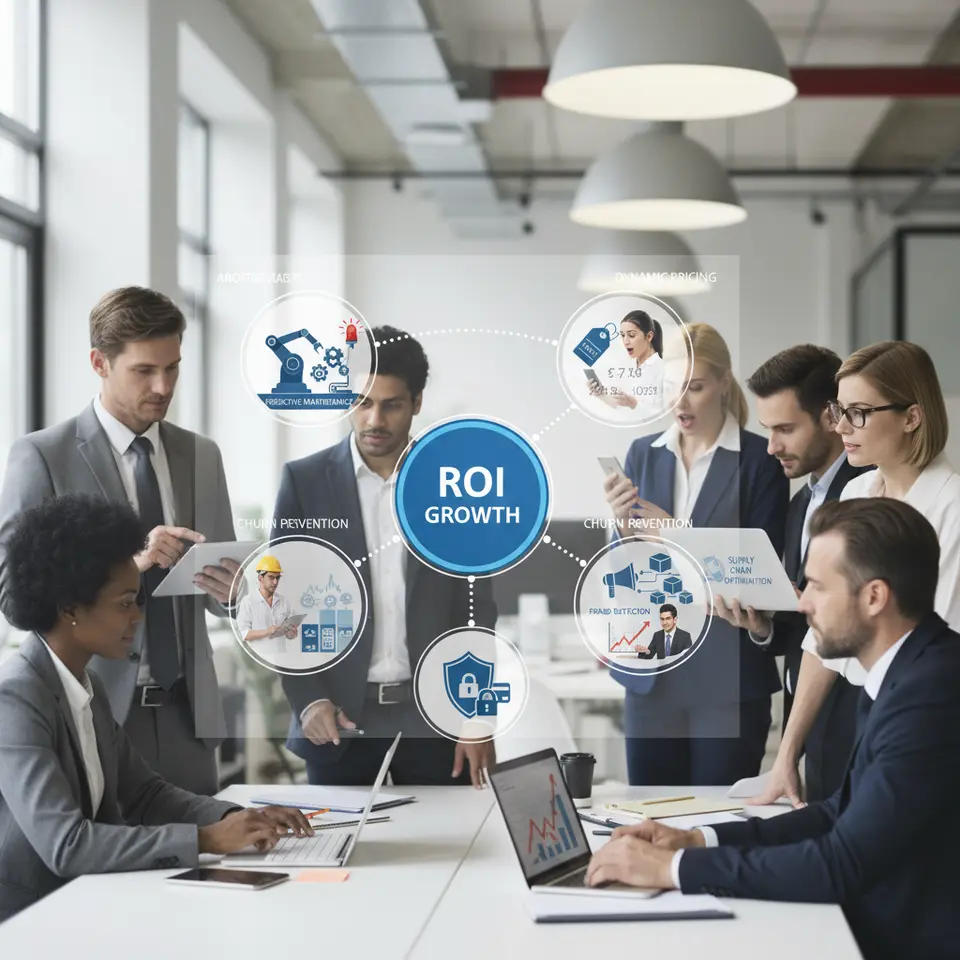 Concrete business benefits of predictive analytics: depict a central dashboard labeled “ROI Growth” surrounded by iconographic vignettes—an industrial robot arm undergoing predictive maintenance with warning indicator, a retail price tag adjusting dynamically with arrows, a customer profile flagged for churn prevention outreach, a supply chain network with demand forecast graphs, and a shield icon representing fraud detection—each connected by dotted lines to the central ROI metric.