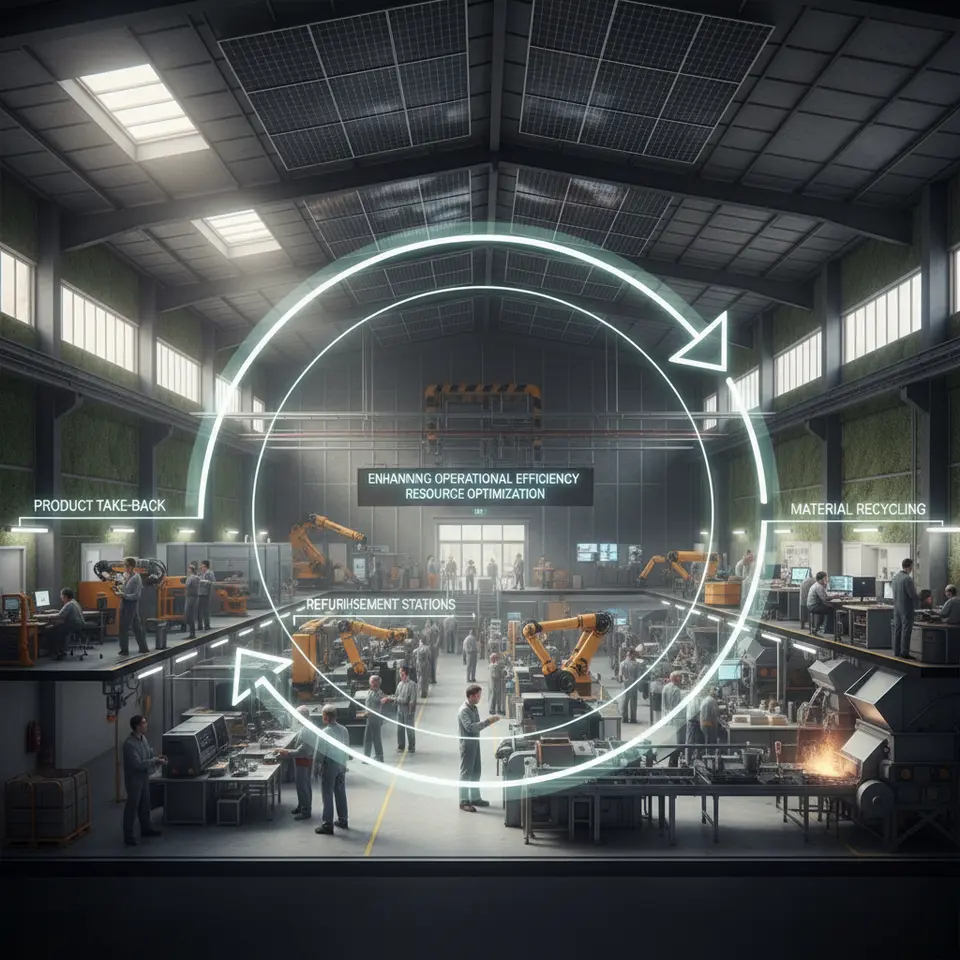 Enhancing Operational Efficiency Through Resource Optimization: Visualize a modern factory cutaway with rooftop solar panels, smart motion-sensor lighting, upgraded insulation, and an overlaid circular economy loop showing product take-back, refurbishment stations, and material recycling streams