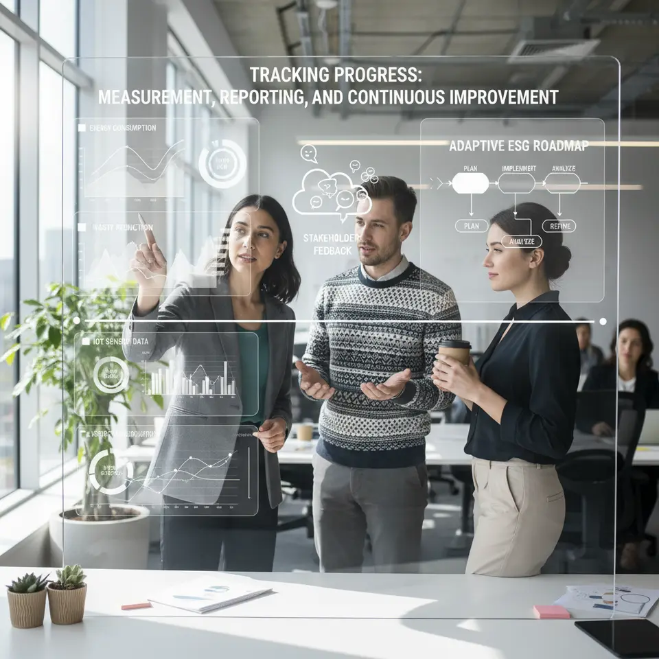 Tracking Progress: Measurement, Reporting, and Continuous Improvement: Depict a high-tech dashboard full of real-time analytics—energy and waste graphs, IoT sensor data feeds, stakeholder feedback icons—and an adaptive roadmap timeline illustrating iterative ESG planning and refinements